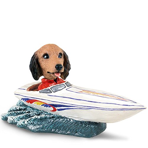 Longhaired Red Dachshund Dog Motorboat Collectible Figurine - Perfect for Home Decor, Gift Giving, and Dachshund Lover Collections