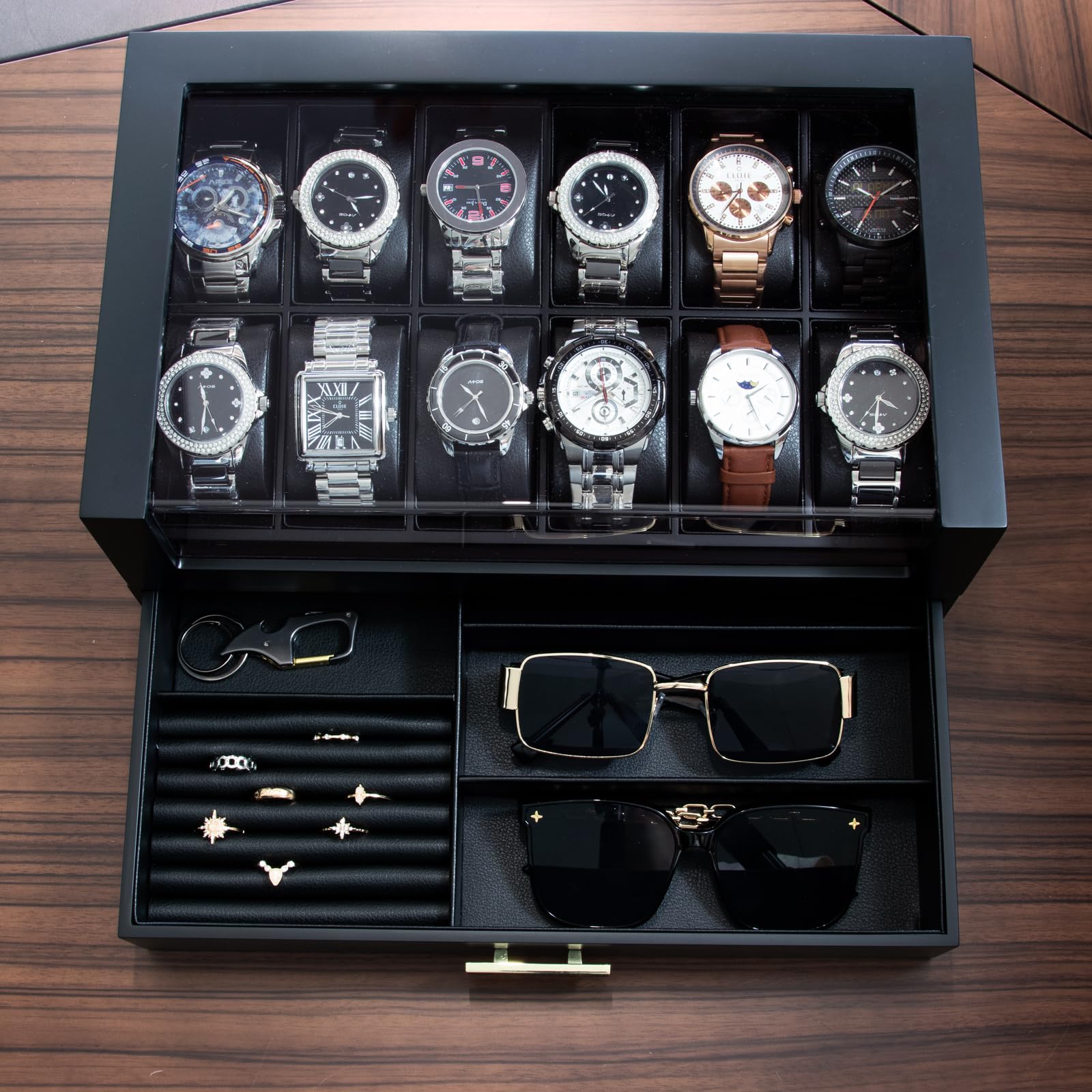 Luxury 12-Slot Wooden Watch Box with Glass Lid & Drawer - 2-Layer Watch Display Case for Men & Women - Premium Jewelry and Watch Storage Organizer - Perfect Gift for Watch Collectors (Ideal for Home, Office, or Travel Use)