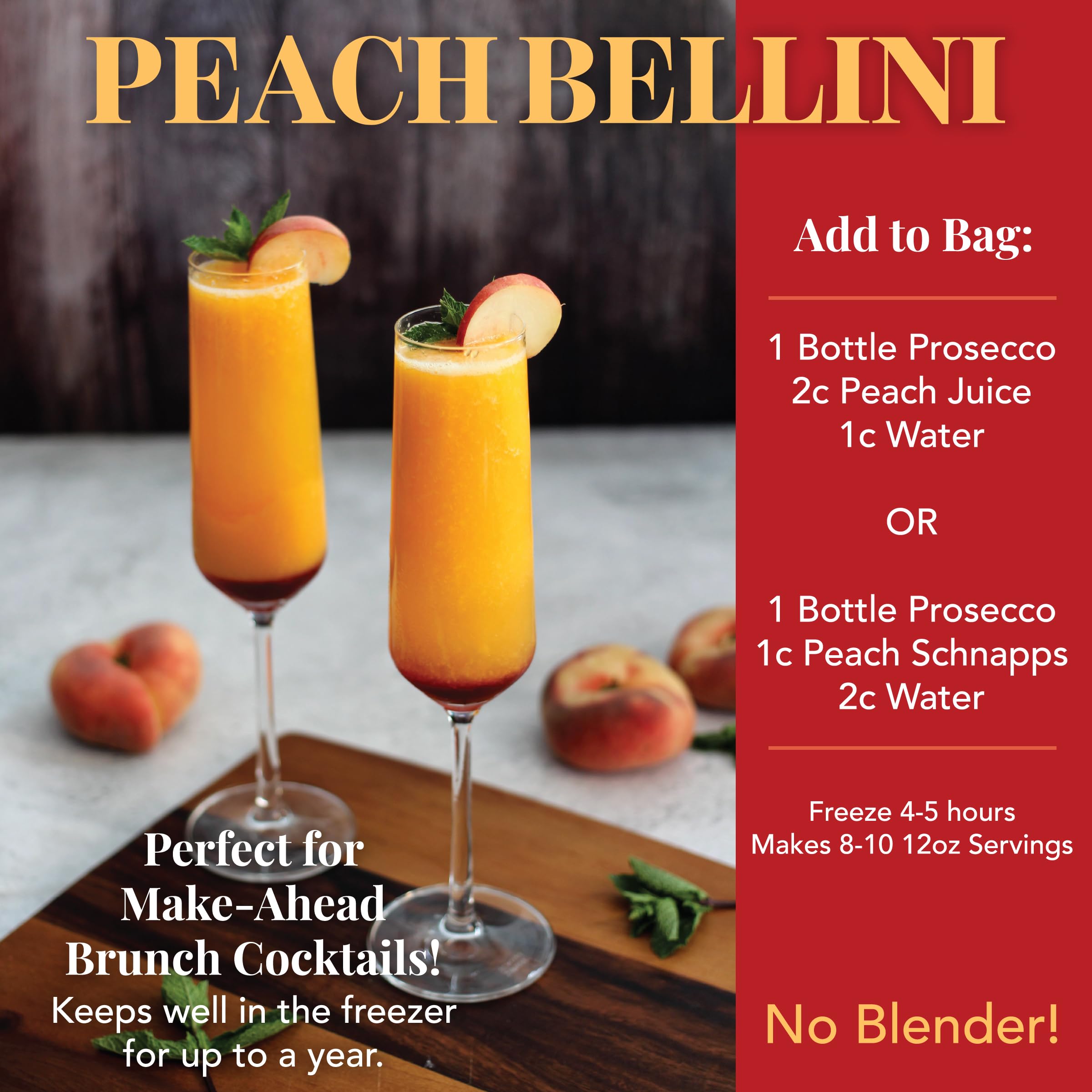 **Frozen Cocktail Drink Mix - Peach Bellini Slushie Powder (10 Servings) - All Natural, Low Sugar Alcohol Mixer - No Blender Needed - Perfect for Parties, BBQs & Summer Gatherings**