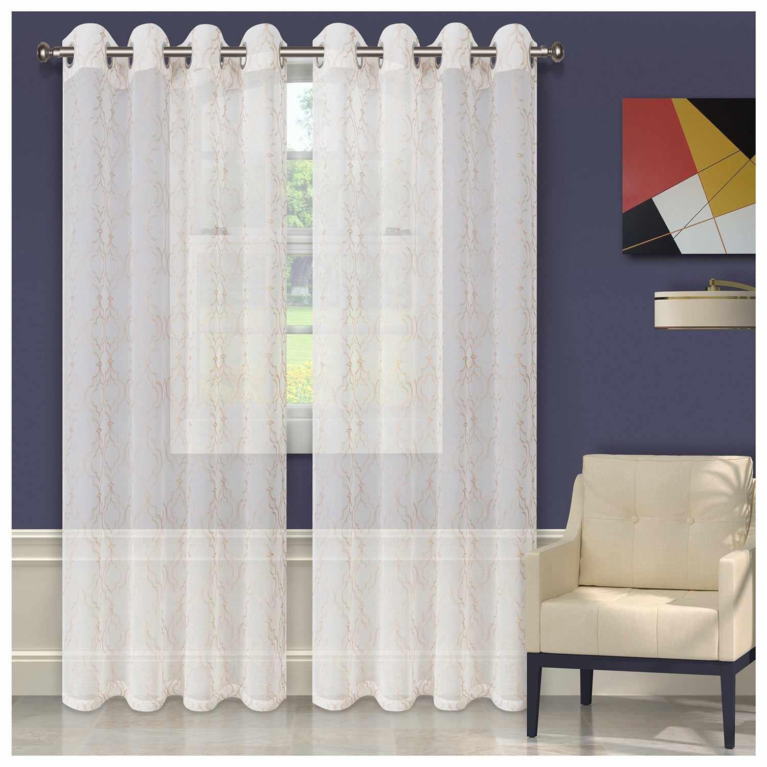 Imperial Trellis Embroidered Sheer Grommet Curtain Panel Set - Elegant Window Treatments for Living Room, Bedroom & Dining Room Decor