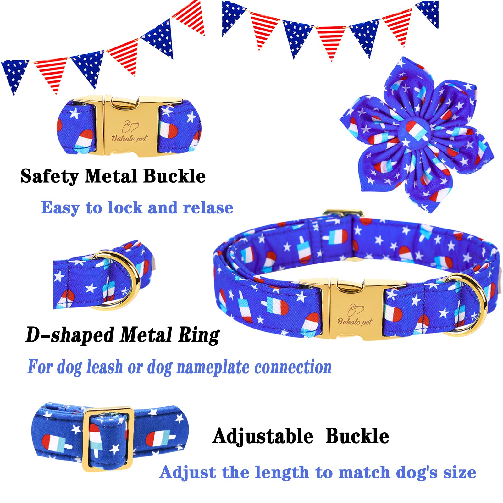 4th of July Dog Bow Tie Collar - Patriotic American Flag Pet Accessory with Metal Buckle for Small, Medium & Large Dogs - Red White & Blue Popsicle & Flower Design for Independence Day Celebrations, Parties & Photo Shoots