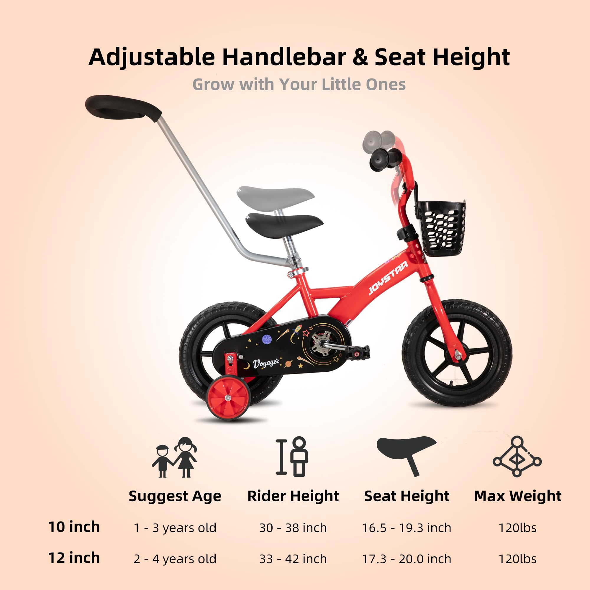 **JOYSTAR 10 & 12 Inch Kids Bike for Boys and Girls Ages 1-4 Years – Toddler Bike with Training Wheels, Detachable Push Handle & Basket – First Pedal Bike for Learning to Ride – Perfect for Backyard, Park & Neighborhood Rides**