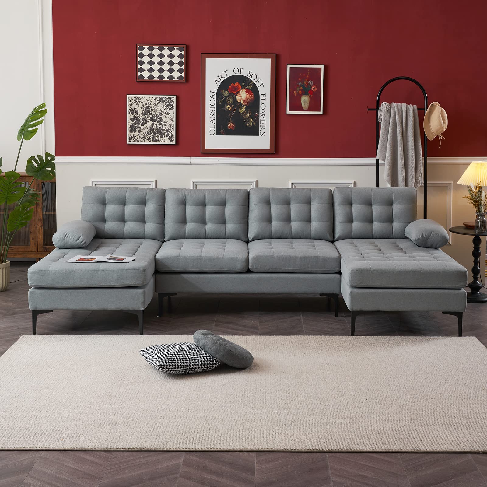 Pvillez Modern U-Shape Sectional Sofa with Double Chaise Lounge - Oversized Convertible Couch with Rolled Arms & Golden Legs for Living Room, Office | Perfect for Family Gatherings, Movie Nights & Home Entertainment