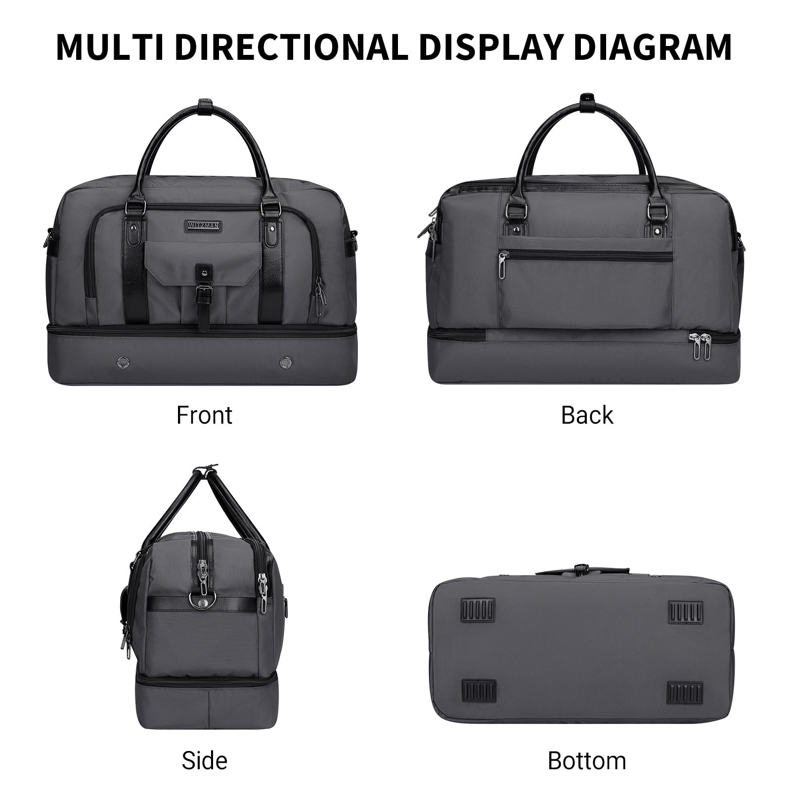 WITZMAN Weekender Travel Duffle Bag for Men & Women - Carry On Overnight Bag with Toiletry Pouch & Shoe Compartment (B694 Silvery Grey) - Perfect for Gym, Business Trips & Weekend Getaways