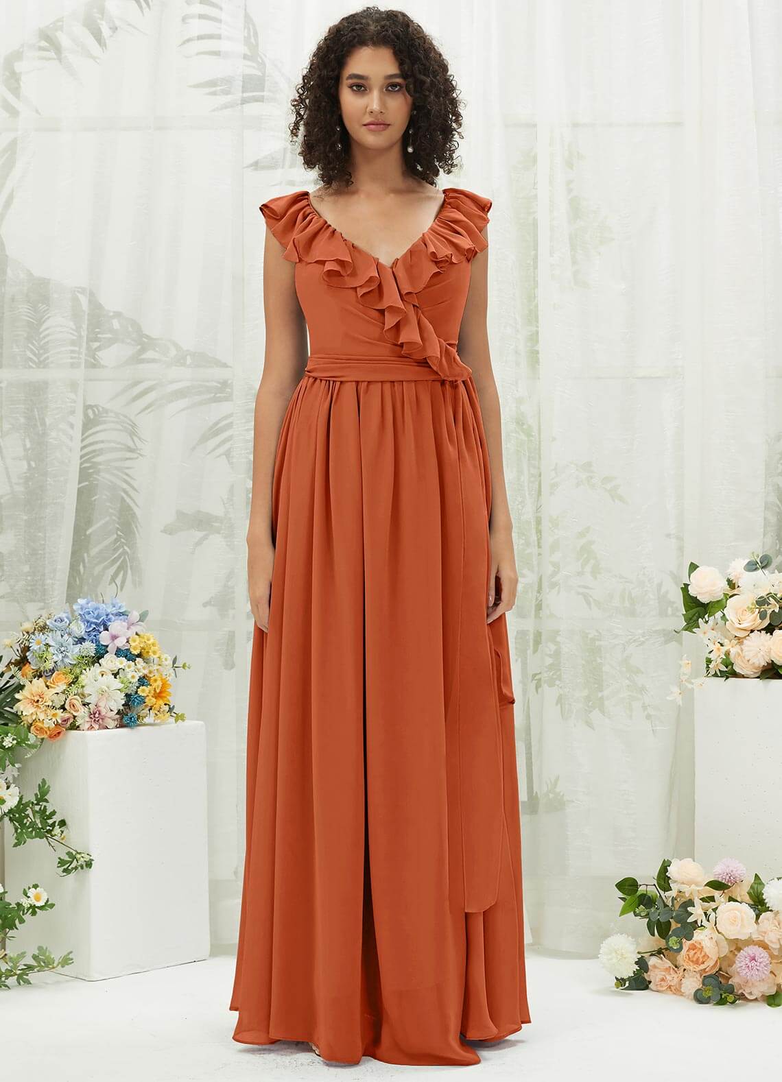 Elegant Burnt Orange Chiffon Bridesmaid Dress with Ruffle Detail & Cross Straps - Perfect for Weddings, Formal Events & Special Occasions
