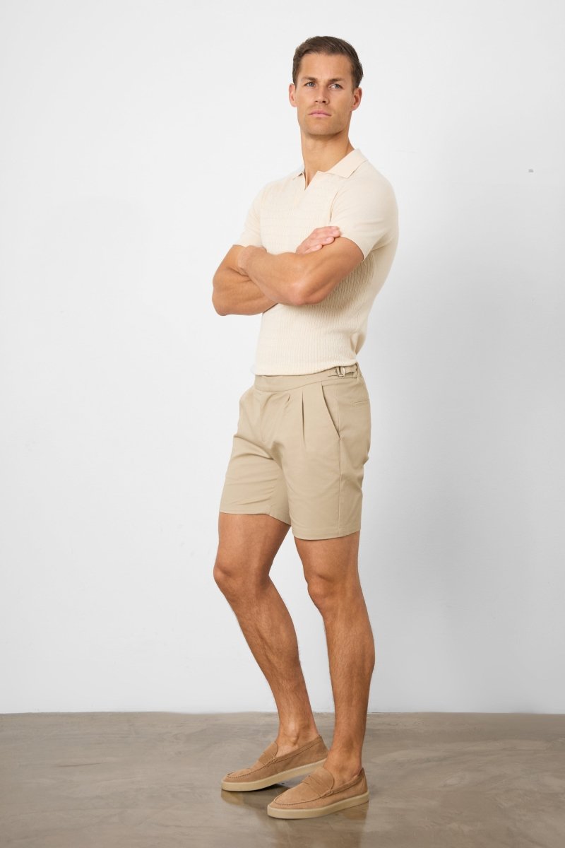 Smart Pleated Cotton Side Adjust Shorts in Stone - Comfortable & Stylish Casual Wear for Men, Perfect for Summer Outings, Travel & Relaxation