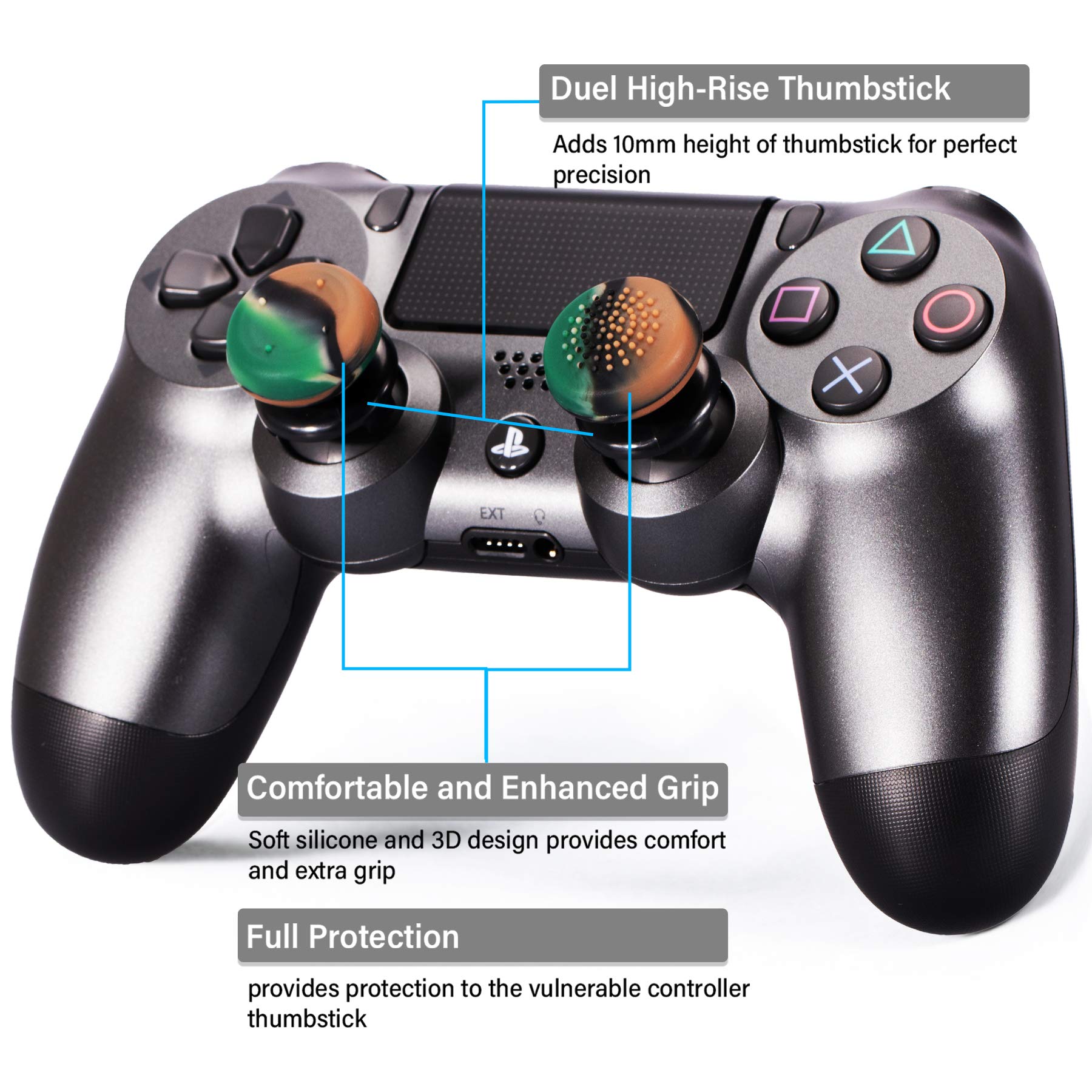 FPS Thumbstick Extender & 3D Texture Rubber Silicone Grip Cover 2-Pack for PS5 DualSense & PS4 Controller - Camouflage Green | Enhanced Gaming Precision for FPS, Racing & Action Games | Improve Aim & Control for Call of Duty, Fortnite & Gran Turismo | Perfect for Competitive Gaming & Long Play Sessions