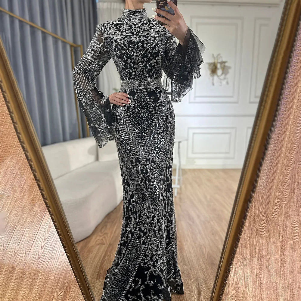 Luxury Dubai Muslim Red Mermaid Black Evening Dress with Cape Sleeves and Beaded Details for Formal Occasions - LA72316C | Elegant Islamic Abaya for Weddings, Galas & Special Events