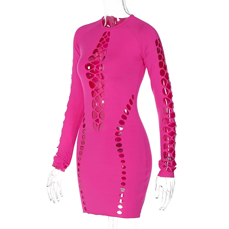 Black Hollow Out Sexy Mini Dress for Women - 2023 Spring New O-Neck Long Sleeve Bodycon Club Party Short Dress | Perfect for Night Out, Date Night, and Special Occasions