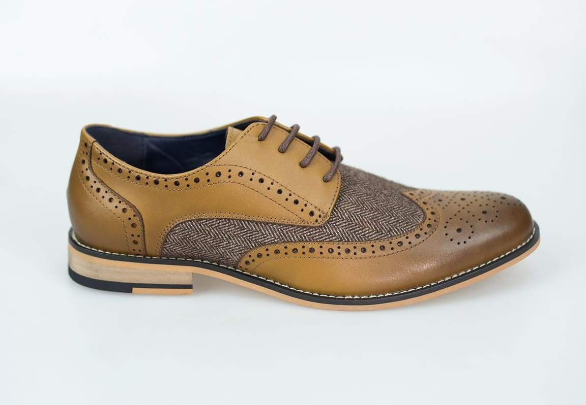 Horatio Tan Men's Tweed Brogue Shoes - Classic Oxford Style for Formal & Casual Wear - Perfect for Weddings, Office & Everyday Outfits