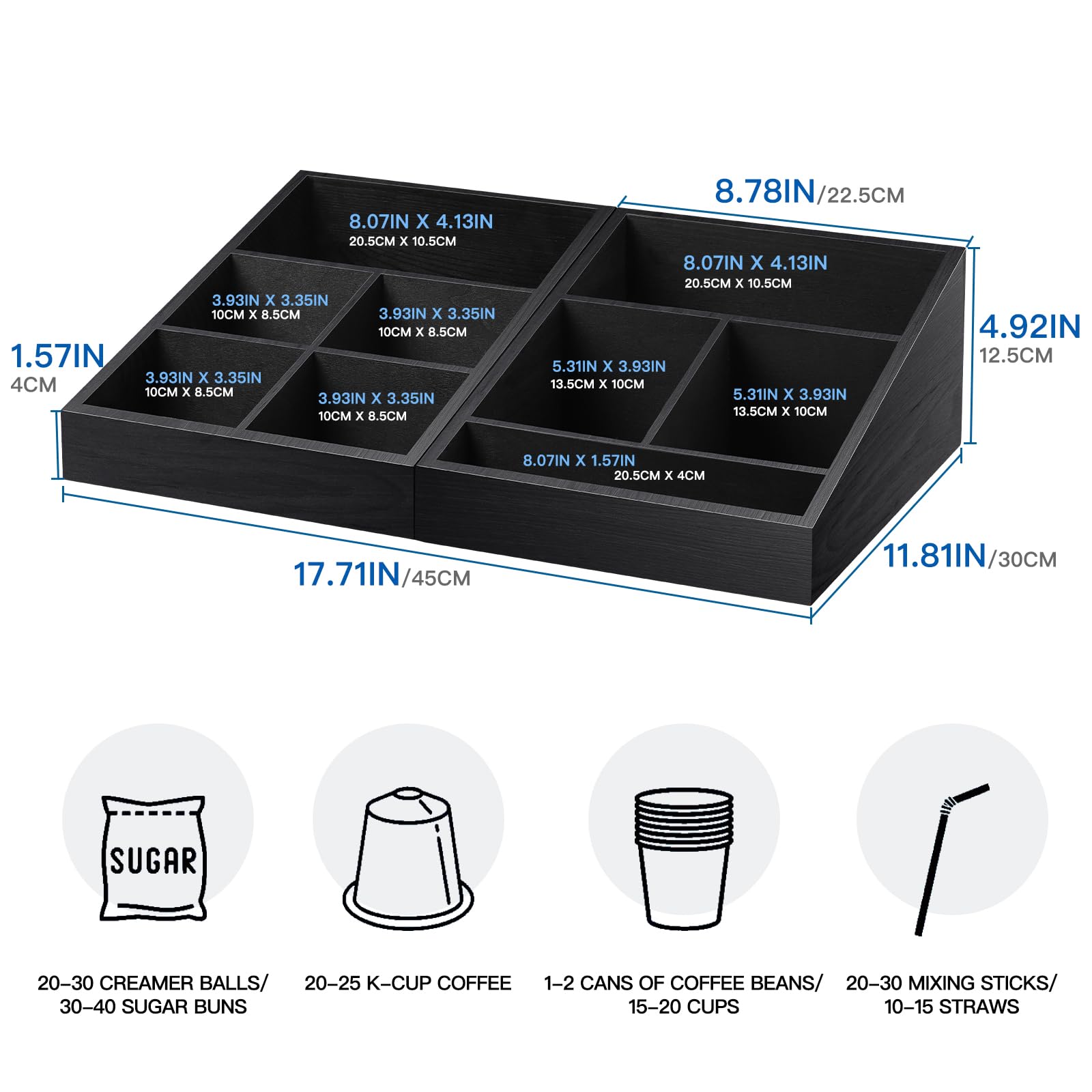 9-Compartment Wooden Coffee Station Organizer & Condiment Tray - Countertop Coffee Bar Storage for Home, Office & Breakroom (Two-in-One Black) - Perfect for Espresso Machines, Keurig Stations & Kitchen Counter Organization
