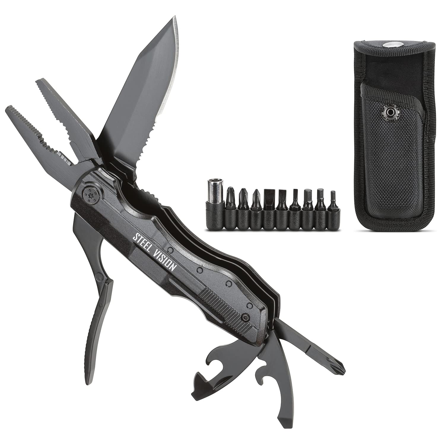 10-in-1 Multi Tool with 18-Piece Bit Set - Compact Stainless Steel Pocket Tool for Camping, Hiking, Home Repairs & Emergency Survival Gear