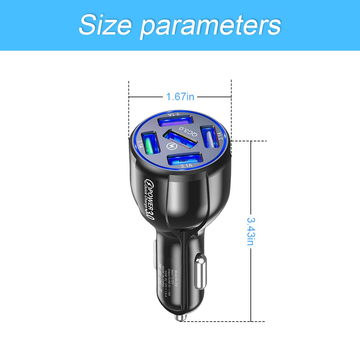 2 Pack QC 3.0 Fast Car Charger Adapter with 5 USB Ports - Dual Cigarette Lighter Charger for iPhone 13/12/11/Pro/Max, Samsung Galaxy, iPad, Camera & Car Accessories - Perfect for Road Trips & Multi-Device Charging (Blue, 2PCS)
