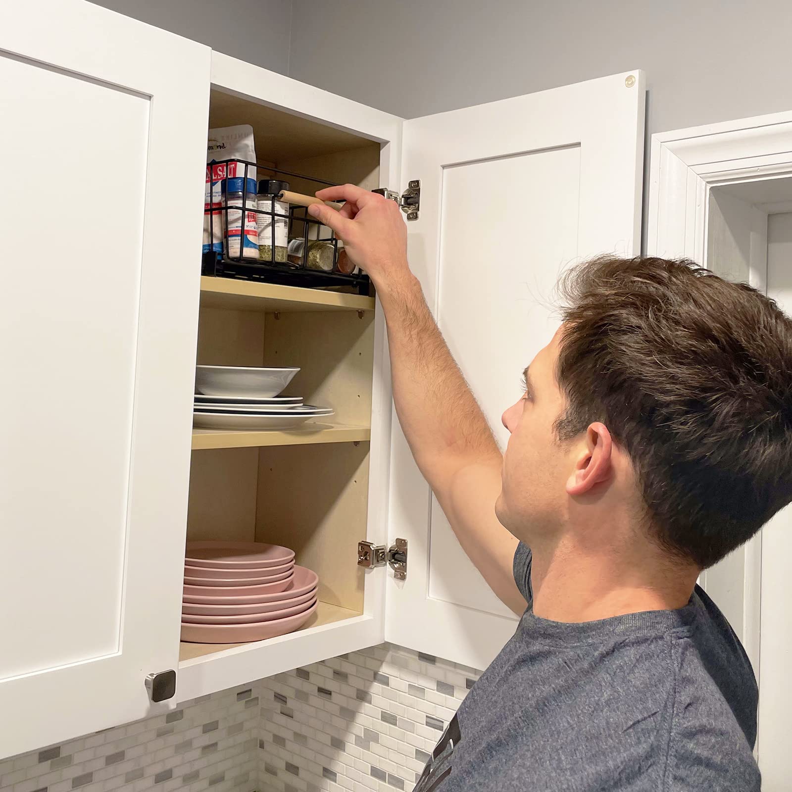 HOUSE AGAIN Pull Down Kitchen Cabinet Organizer - Drop Down Spice Rack for Easy Access in Pantry, Cabinet & Cupboard - Sliding Out Storage Basket for Upper Cabinets - Black Pull Out Drawer - Perfect for Small Kitchens & Organized Cooking Spaces