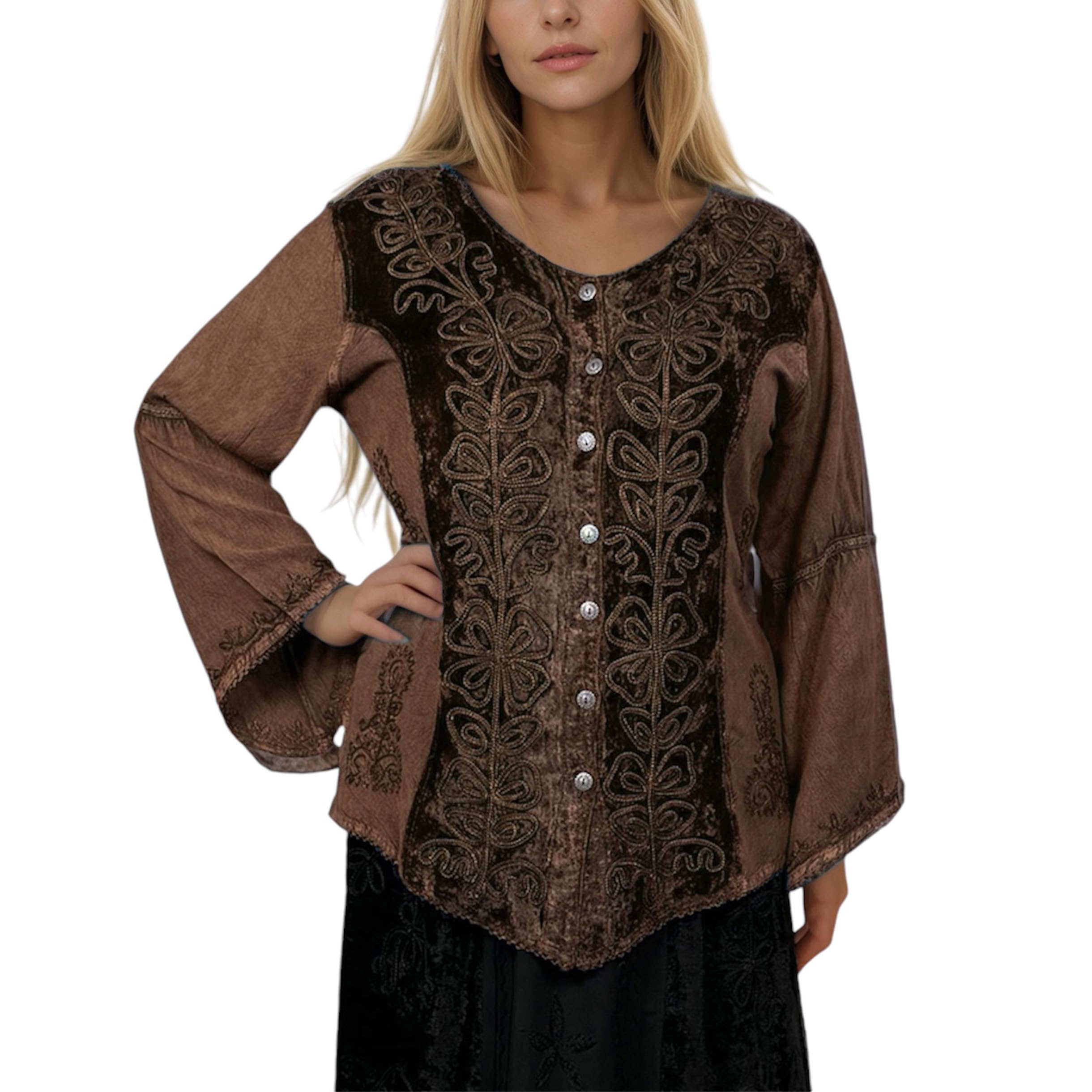 Agan Traders 2025 Spring Winter Women's Long Sleeve Velvet Blouse - Vintage Renaissance Button Down Embroidered Top for Casual Wear & Special Occasions