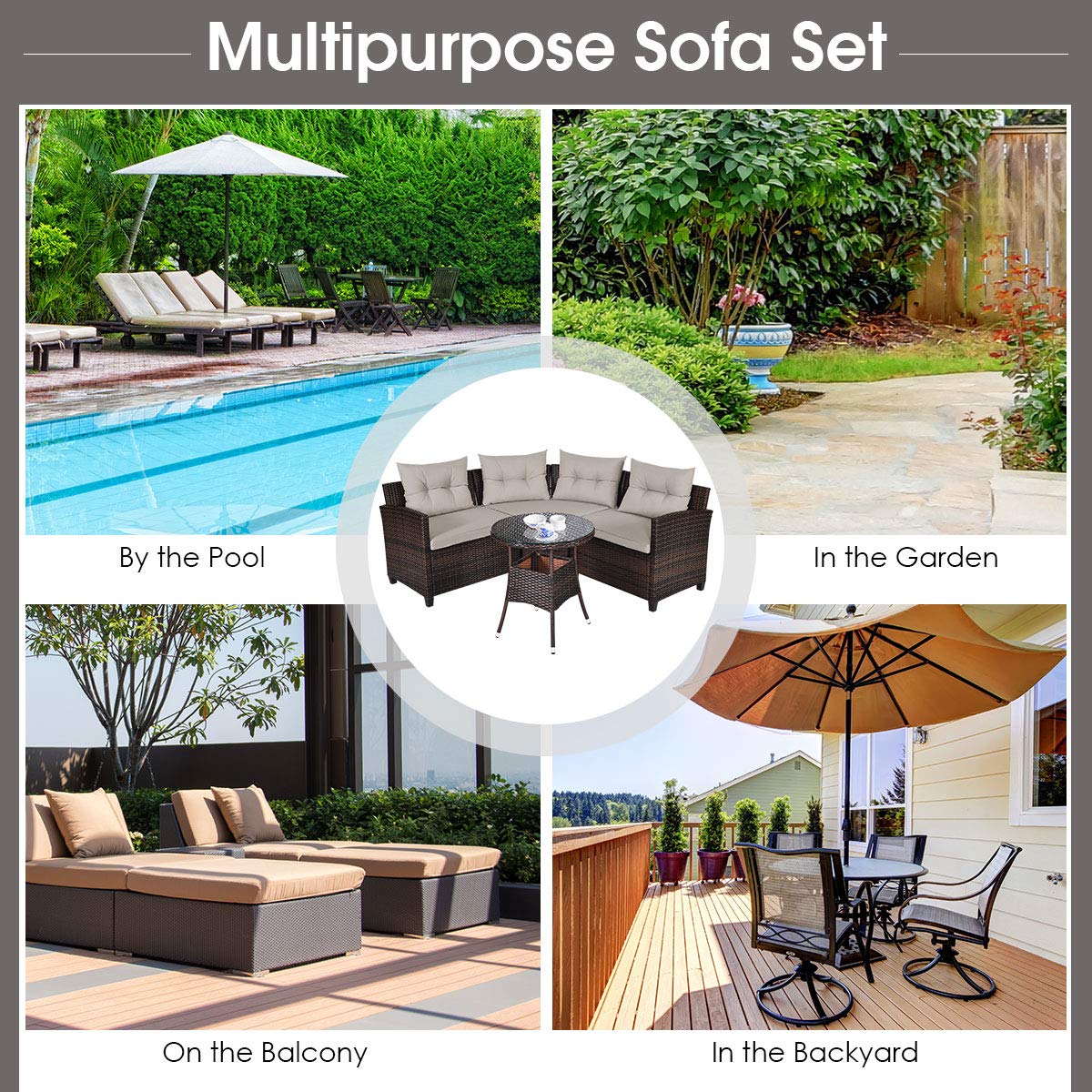 Tangkula 4-Piece Outdoor Patio Furniture Set - Modern C-Shaped Wicker Sectional Sofa with Cushions & Glass Coffee Table, Water-Resistant Rattan Deck Set for Garden, Poolside, Balcony, Backyard (Beige) | Perfect for Lounging, Entertaining & Relaxing Outdoors
