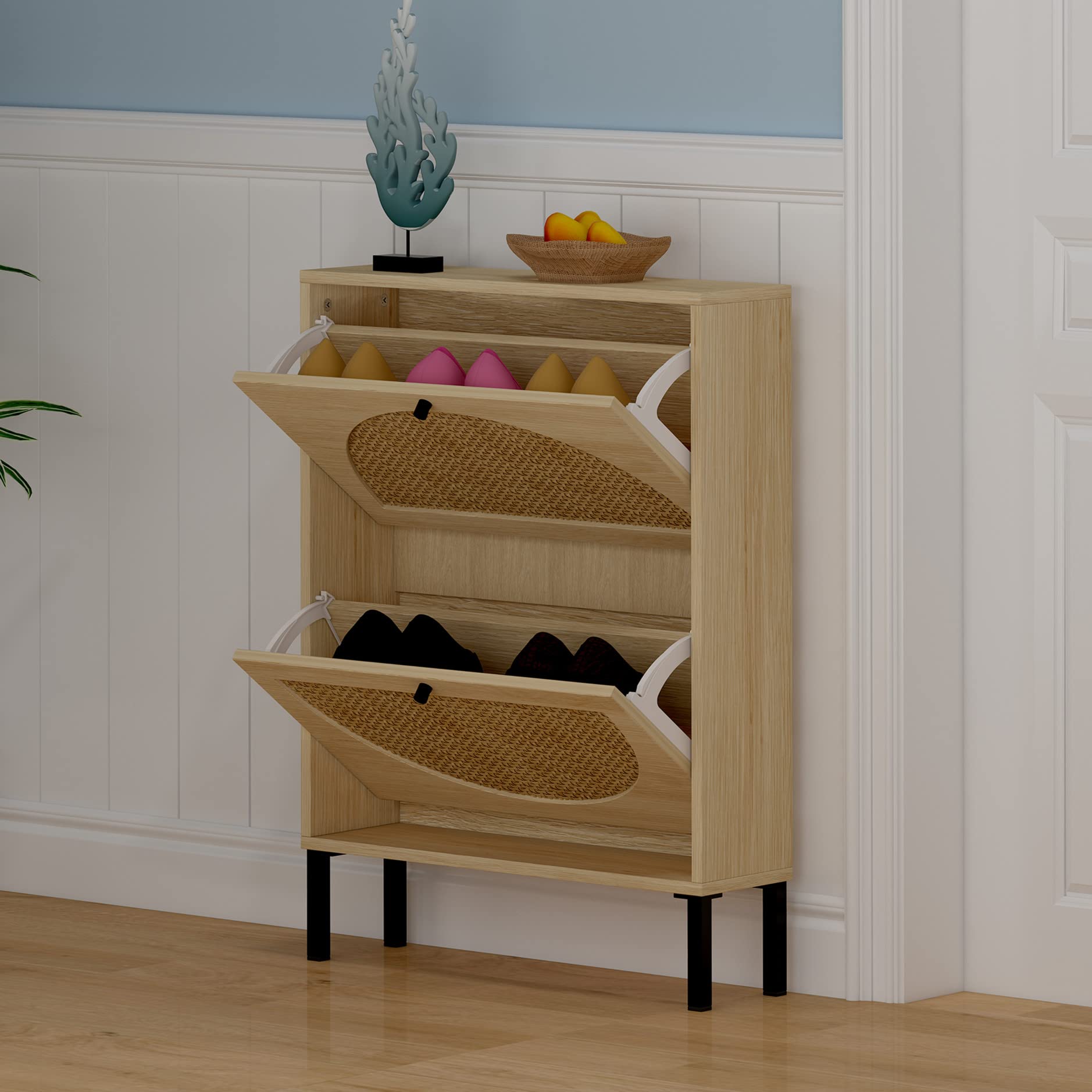SSLine Rustic Wood Shoe Cabinet with 2 Flip-Down Storage Shelves - Free-Standing Shoe Rack Organizer with Unique Rattan Decor for Entryway, Hallway, or Doorway (Natural) - Perfect for Small Spaces & Home Organization