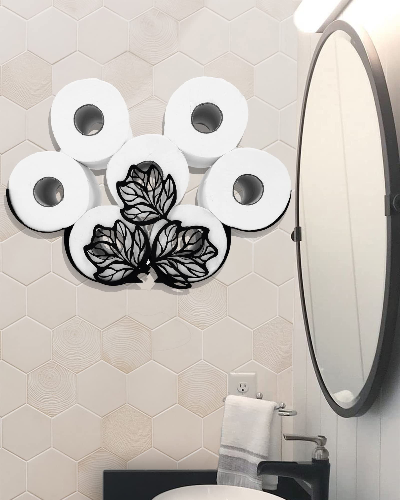 Black Metal Leaves Wall-Mounted Toilet Paper Holder - Animal Decorative Tissue Storage Organizer for Bathroom - Holds 8 Extra Rolls - Perfect for Home, Apartment, and RV Bathroom Decor