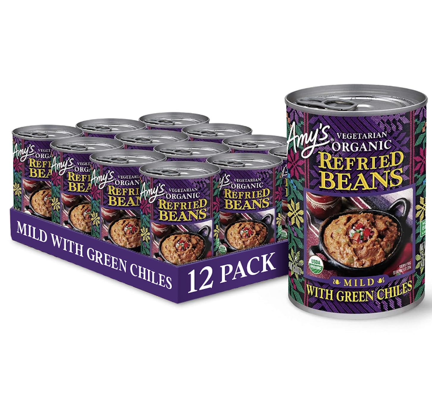 Amy's Organic Refried Beans with Green Chiles - Vegan, Gluten Free, Vegetarian Canned Beans, 15.4 Oz (Pack of 12) | Perfect for Tacos, Burritos & Healthy Mexican Meals