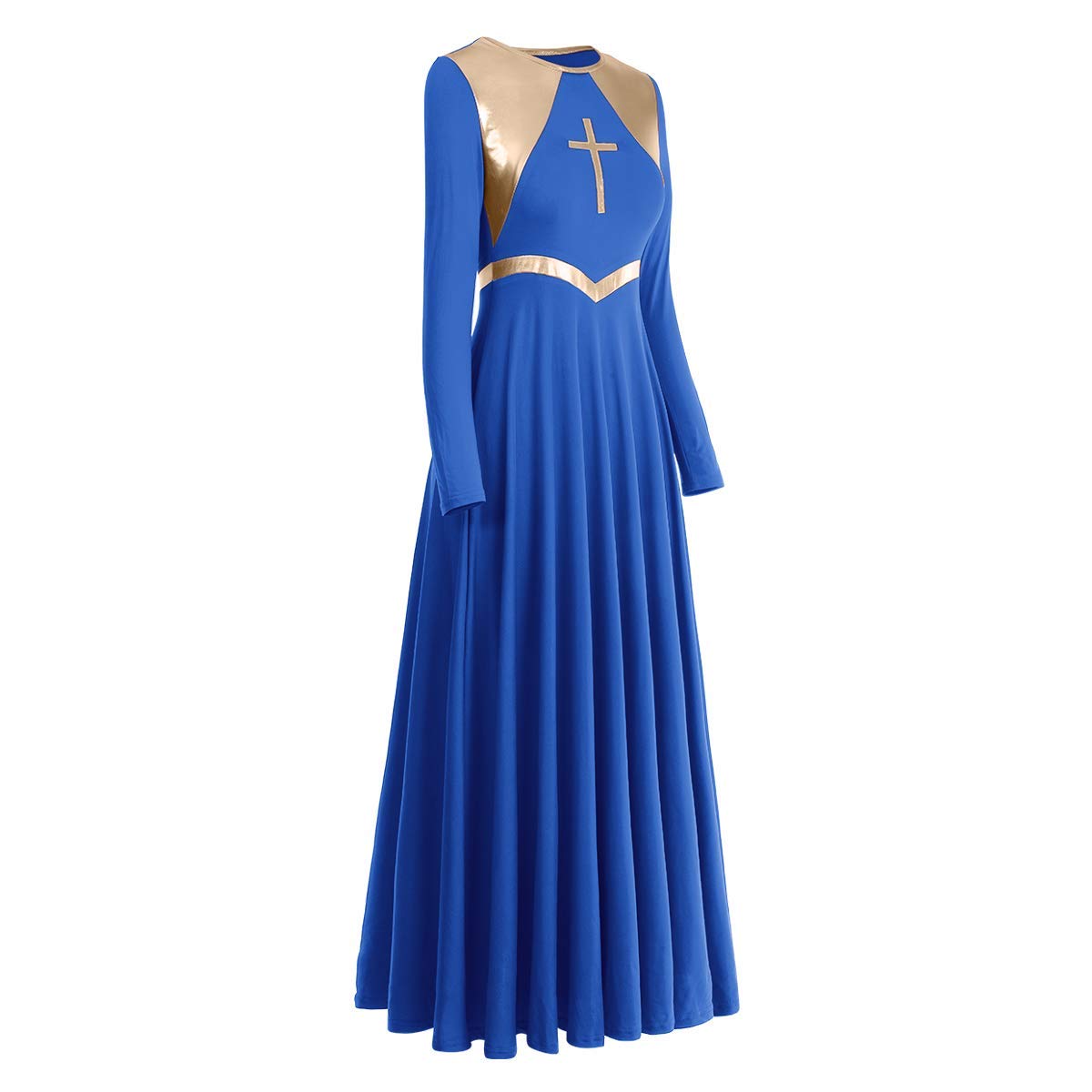 Metallic Cross Praise Dance Dresses for Women - Liturgical Worship Long Sleeve Loose Fit Full Length Dress - Perfect for Church Performances, Gospel Choir & Spiritual Dance Events