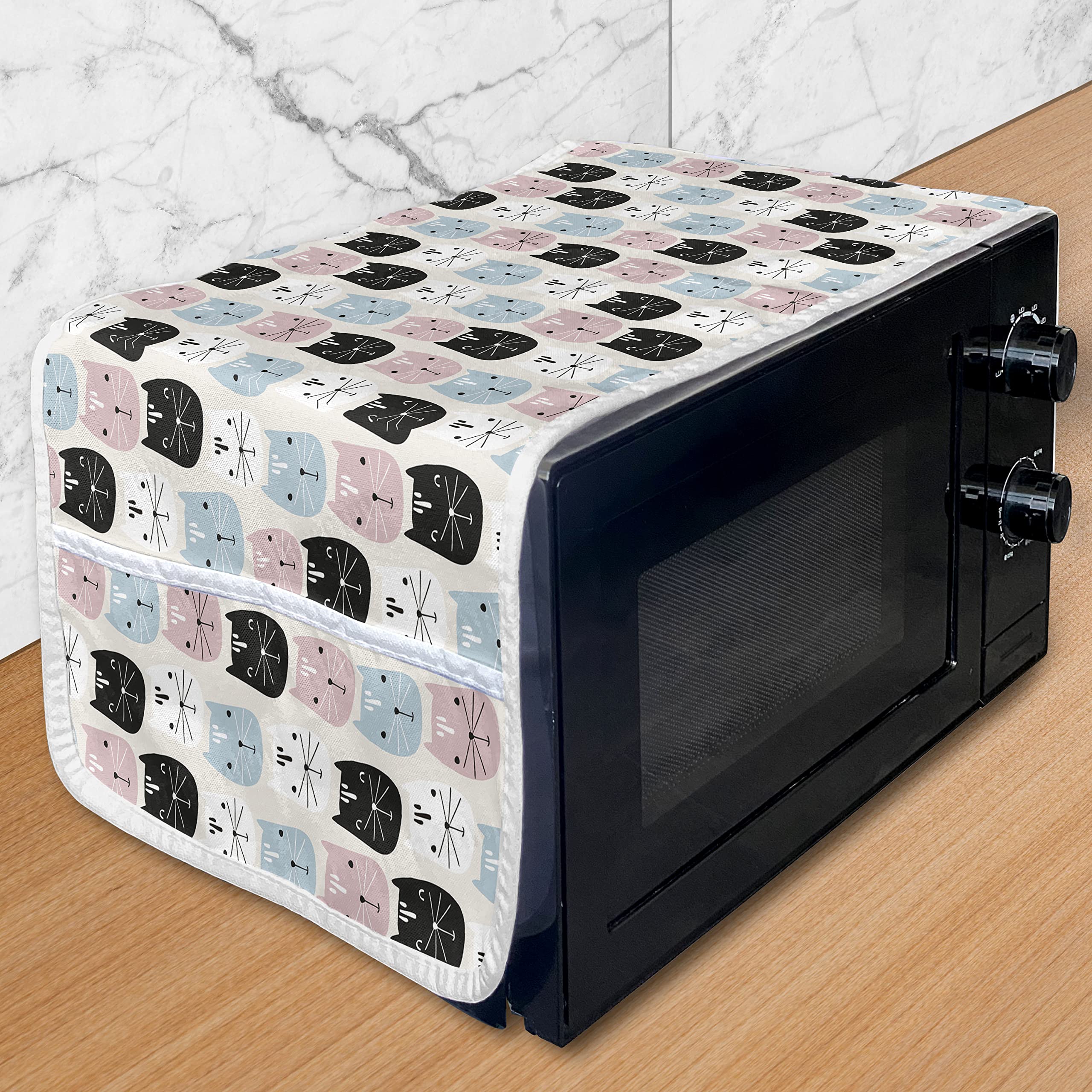 Ambesonne Cat Microwave Cover - Cute Doodle Kitten Portrait Pet Design, Waterproof Kitchen Organizer with Storage Pockets, 36