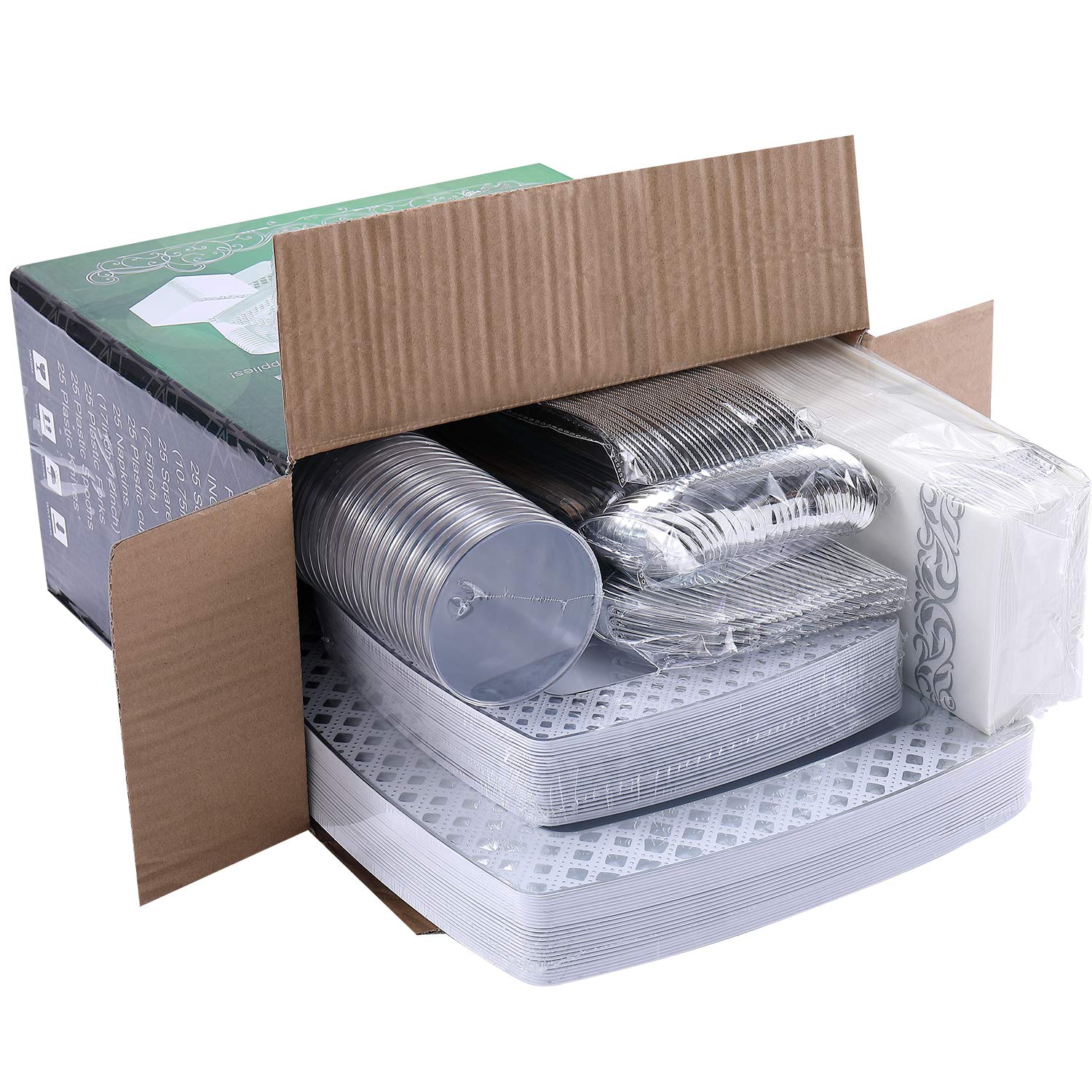FOCUSLINE 175-Piece Silver Disposable Dinnerware Set for 25 Guests - Elegant Square Plastic Plates with Diamond Design - Includes 25 Dinner Plates, 25 Dessert Plates, 25 Napkins, 25 Cups & 25-Piece Silverware Set - Perfect for Weddings, Parties, Catering & Special Events