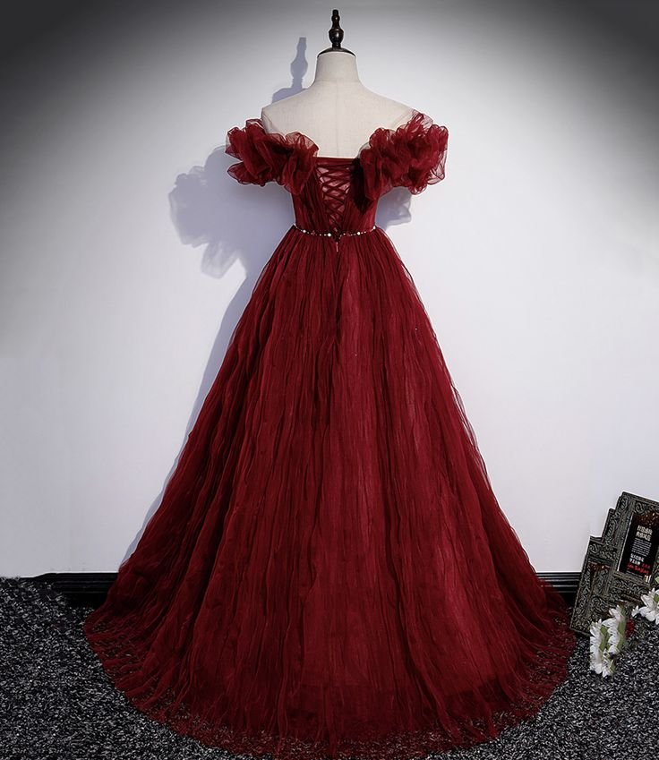 Elegant Burgundy Tulle Long Prom Dress for Formal Evening Events - J4657 | Perfect for Homecoming, Dances & Special Occasions