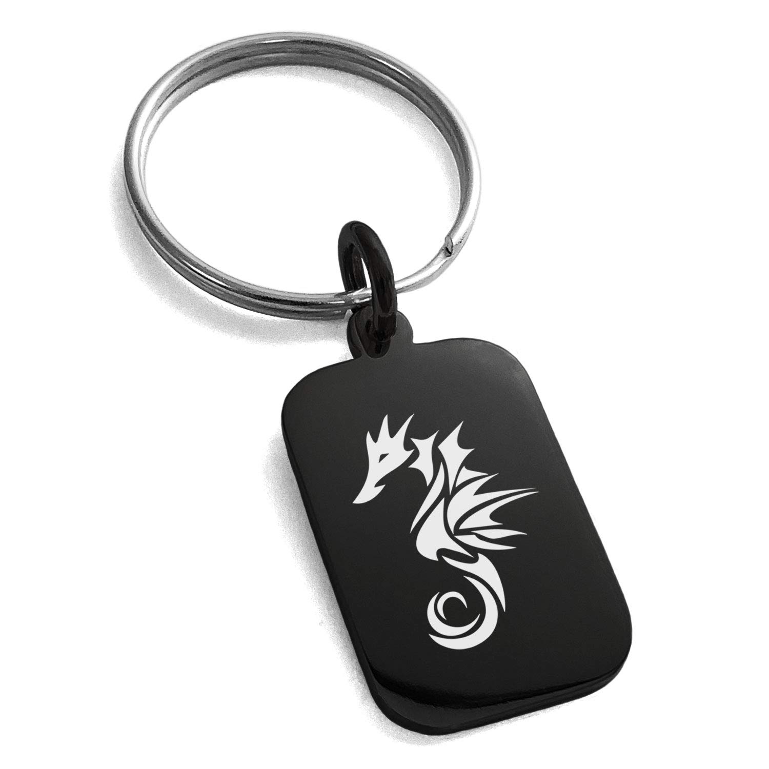 Black Stainless Steel Tribal Seahorse Dog Tag Charm - Small Rectangle Keychain for Men & Women - Perfect for Keys, Backpacks, and Gift Giving