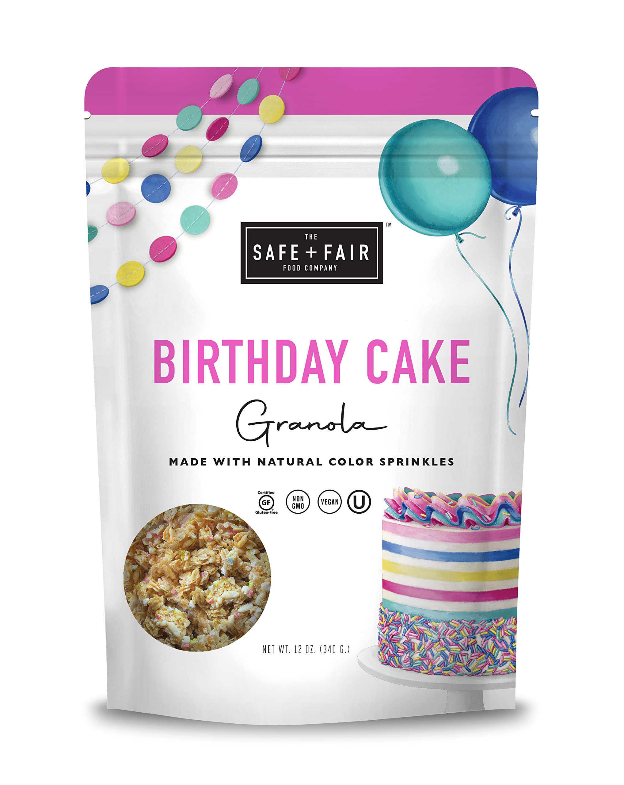 Safe + Fair Birthday Cake Granola – Gluten-Free, Vegan & Plant-Based Snack with Natural Sprinkles – 0g Trans Fat, Non-GMO, Kosher, Allergen-Free, Whole Grain - 12oz | Healthy Breakfast Cereal, Kids Lunchbox Snack & Party Treat