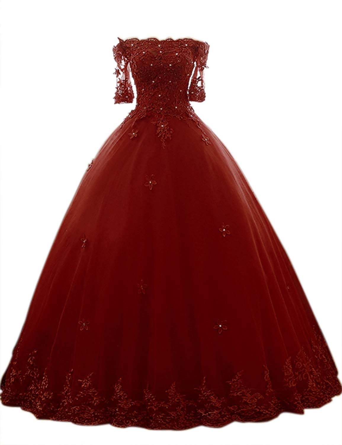 Elegant Off Shoulder Beaded Quinceanera Dress with Lace Appliques - Women's Prom Ball Gown with Half Sleeves (AR175) | Perfect for Quinceañeras, Prom Nights, Weddings & Special Occasions