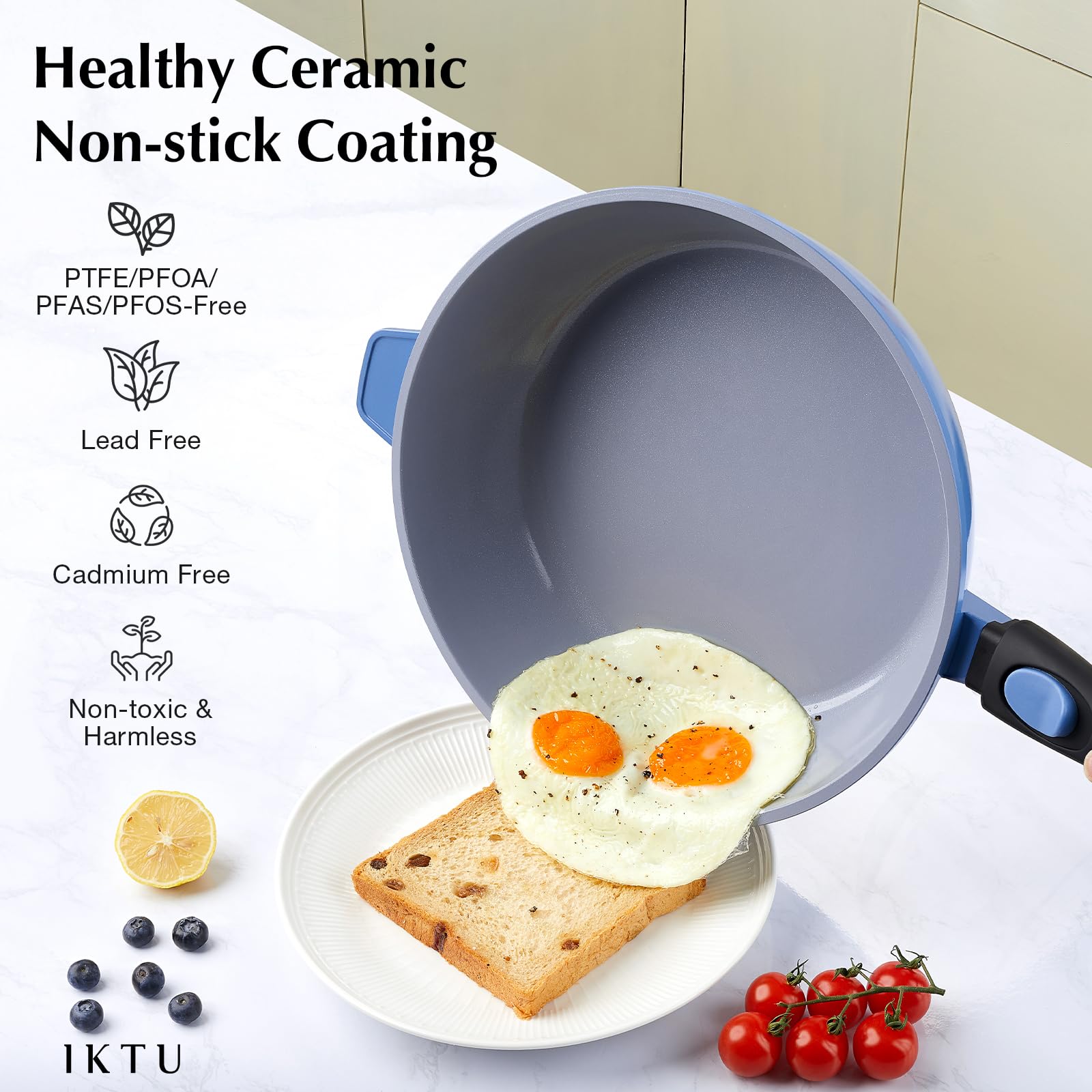 IKTU 11-Inch Ceramic Nonstick Deep Frying Pan - 4Qt Saute Pan with Lid & Helper Handle - PFAS PFOA & PTFE Free Induction Cookware - Perfect for Stir-Frying, Searing & Deep Frying - Detachable Handle for Easy Storage