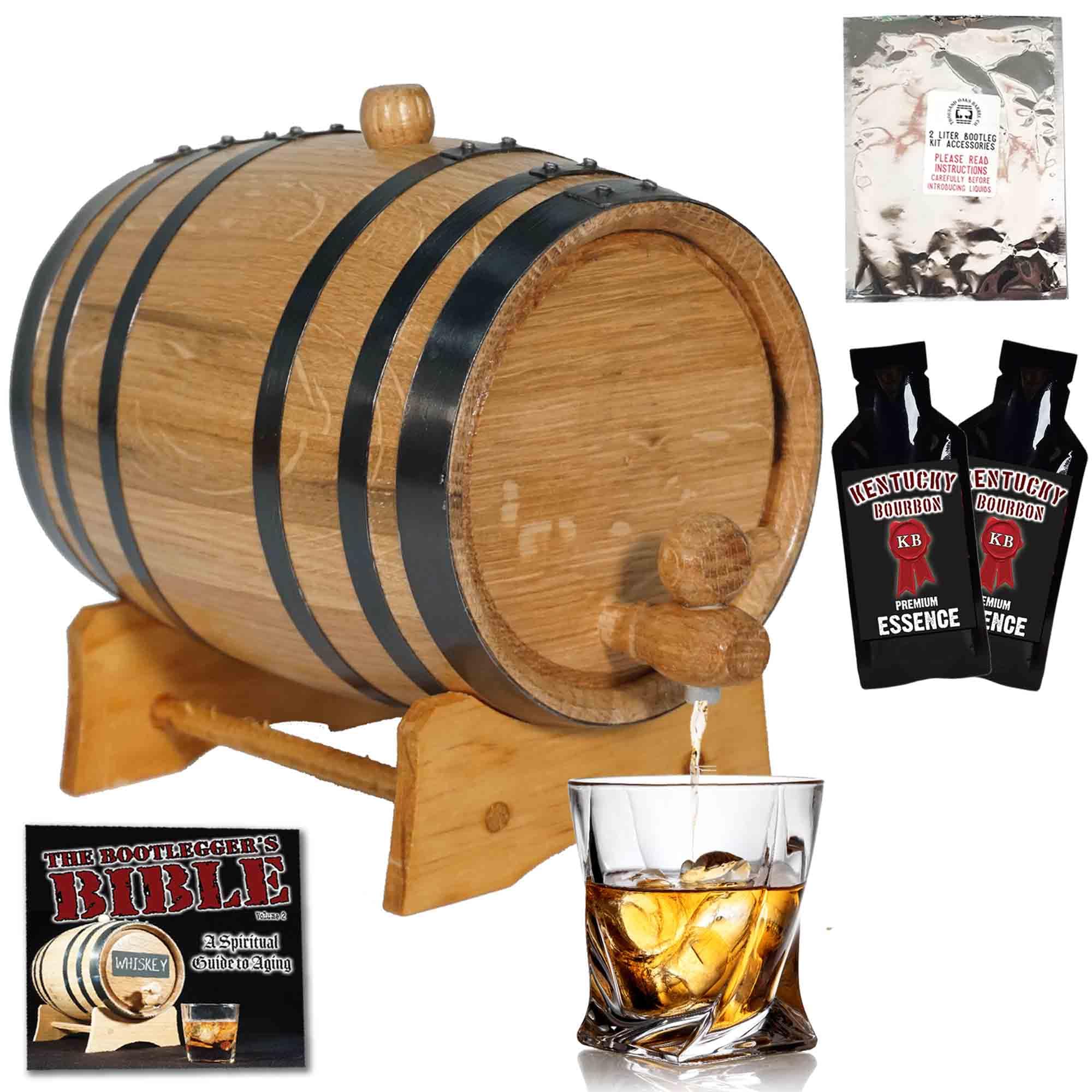 2L Kentucky Bourbon Whiskey Making Kit with Mini Oak Barrel - Complete Cocktail Aging Set Includes Wood Stand, Spigot & Flavoring Essence - Perfect Whiskey Barrel Gift for Men & Home Bar Enthusiasts - Ideal for Home Brewing, Cocktail Crafting & Bourbon Aging Gifts