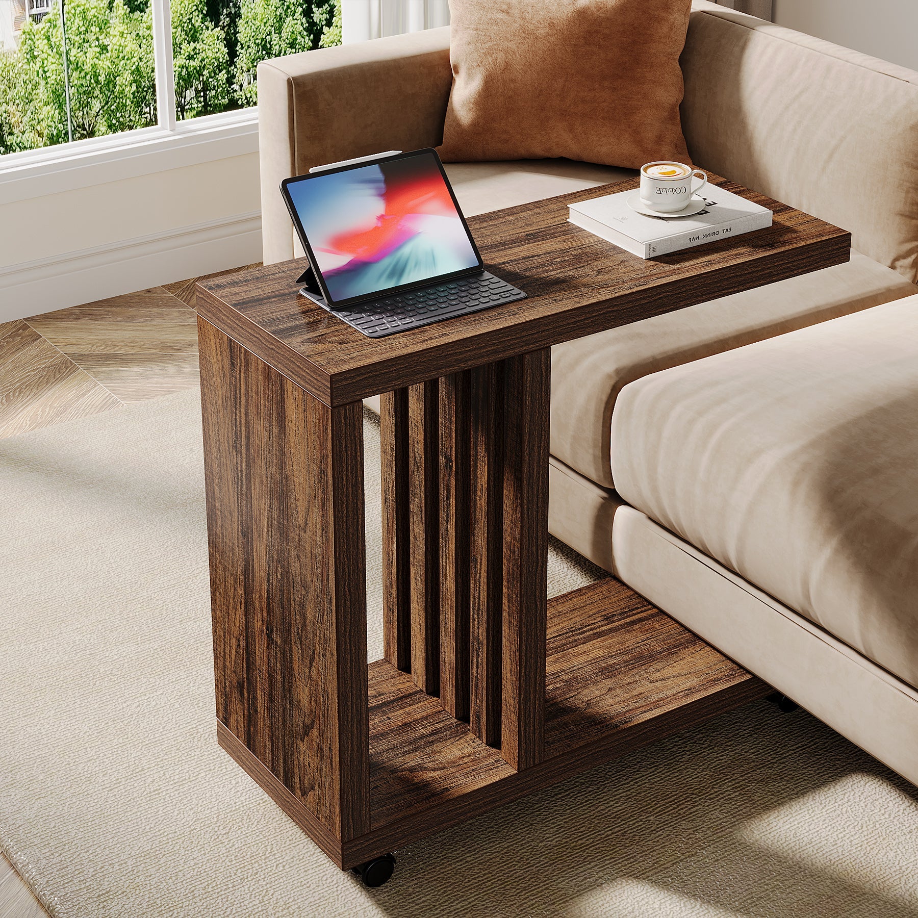 2 Tier C-Shaped End Table with Lockable Wheels - Modern Wood Side Table for Living Room, Bedroom & Office - Perfect for Small Spaces, Nightstand, or Extra Storage