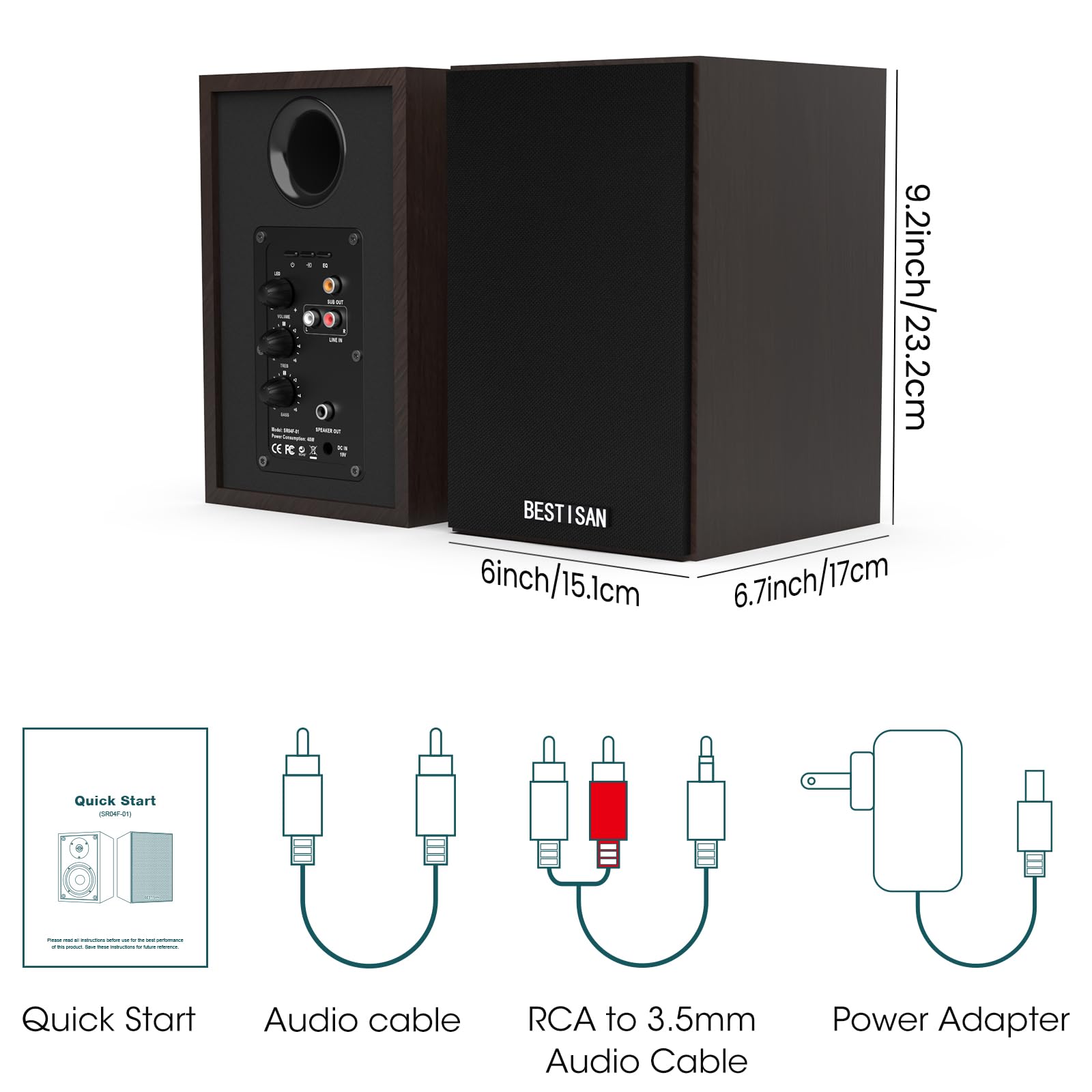 BESTISAN Bookshelf Speakers - Powered Bluetooth Speakers with 4 Inch Woofer, RCA Input, Sub Output, Wood Grain Design - Perfect for Home Theater, Gaming, and Music Listening