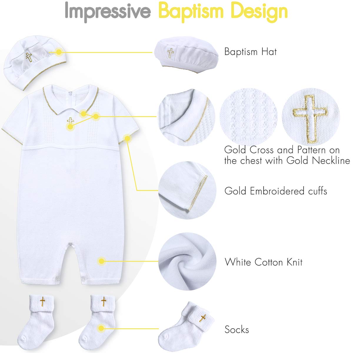 Premium Baby Boy Baptism Outfit Set with Hat & Socks - Elegant Christening Gown with Cross Detail - Perfect for Church Ceremonies & Special Occasions