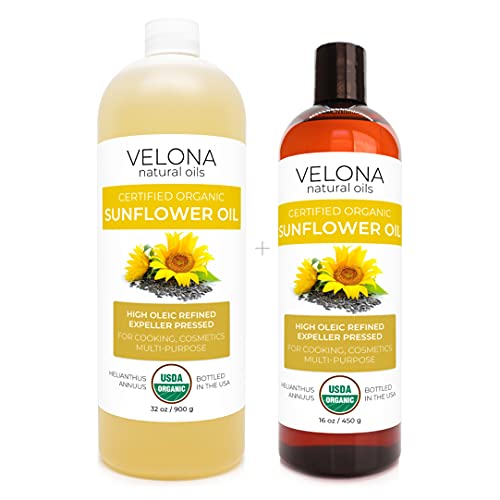 Velona USDA Certified Organic Sunflower Oil - 48 oz | 100% Pure Natural High Oleic Refined Cold Pressed Carrier Oil | For Cooking, Skin Care, Hair Treatment & Body Moisturizer | Perfect for Baking, Massage & DIY Beauty Products