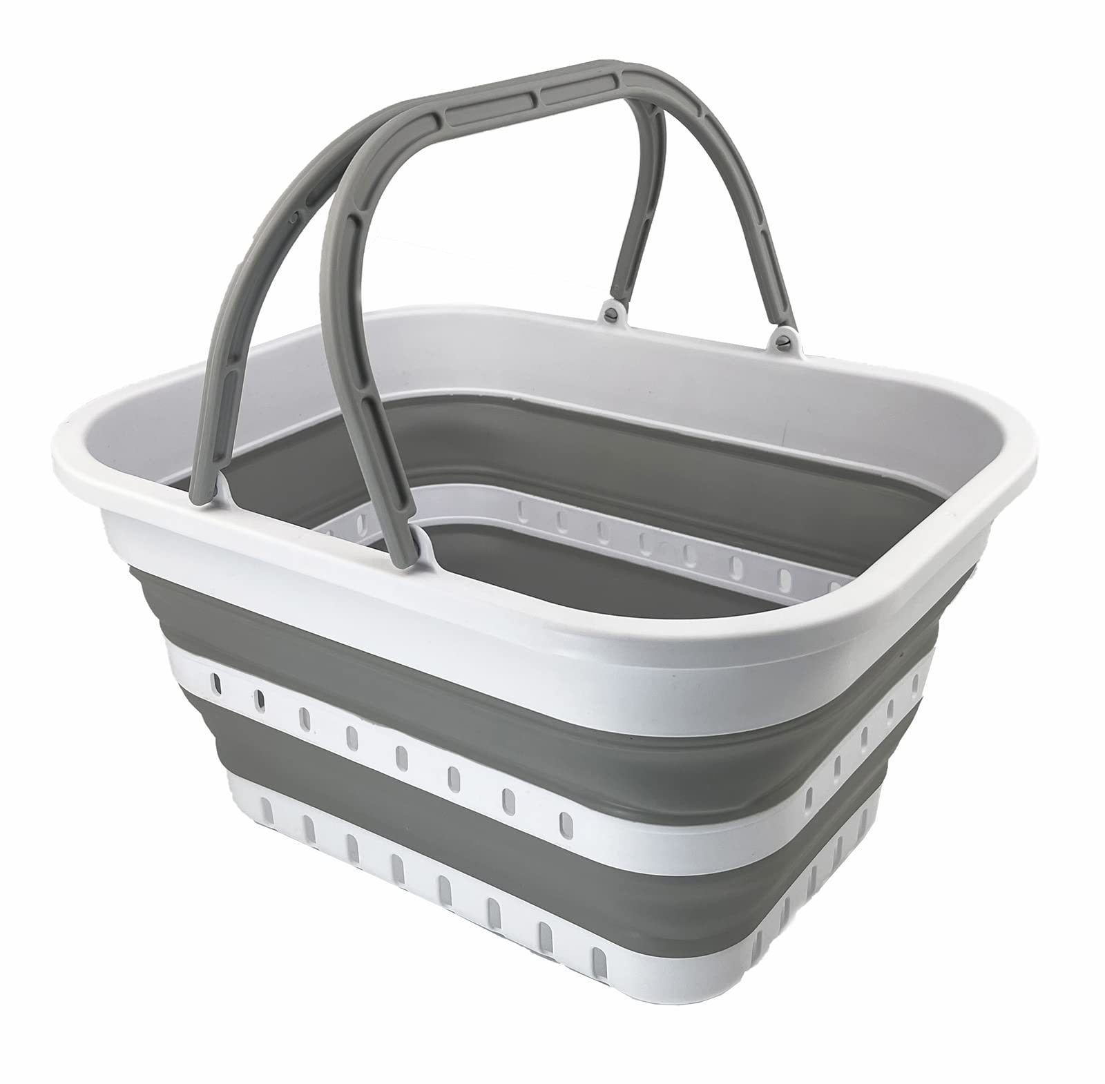SAMMART 19L Collapsible Shopping Basket - Foldable Laundry Basket for Home & Travel - Portable Picnic Basket for Camping, Beach & Outdoor Activities - Compact Storage Organizer (White/Grey)