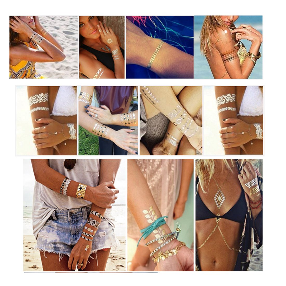 3D Metallic Temporary Tattoos - Gold & Silver Body Art Stickers for Arms & Wrist - 21x10CM Waterproof Fake Tattoos (1PC) - Perfect for Parties, Festivals and Costume Events