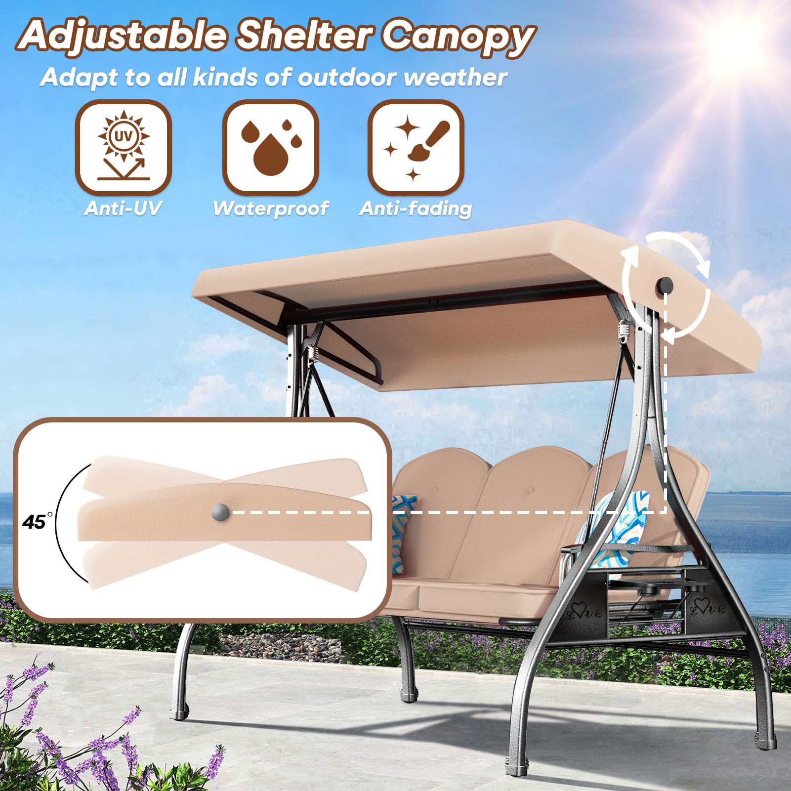 3-Seat Outdoor Porch Swing 800lbs Capacity - 2-in-1 Patio Glider Chair with Adjustable Canopy & Removable Cushions - Heavy Duty Steel Frame Swing Set with Stand for Garden, Deck, Backyard (Khaki, Round Tube) - Perfect for Relaxing, Lounging & Enjoying Outdoor Spaces