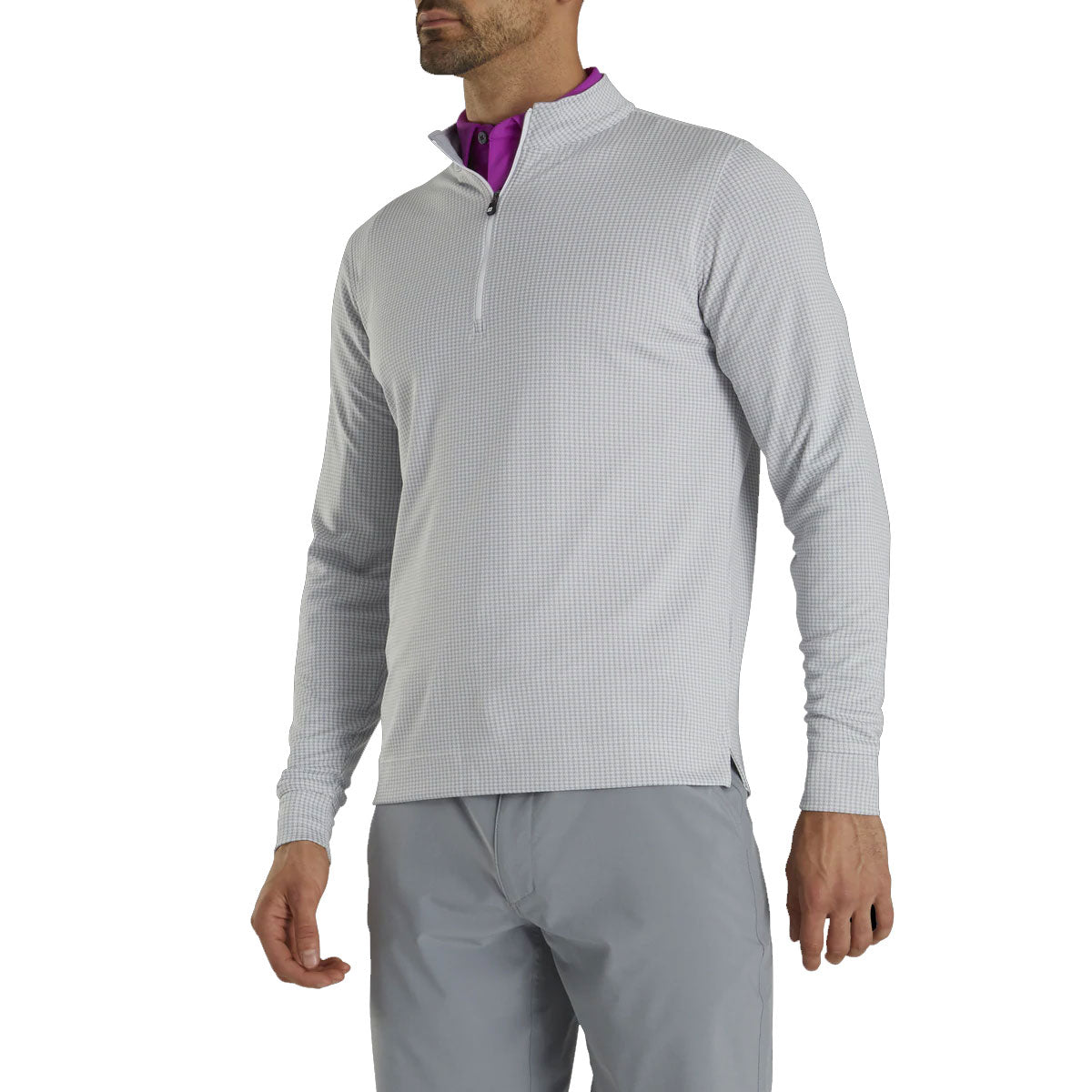 FootJoy Houndstooth Jacquard Grey Men's Golf 1/4 Zip Pullover - Lightweight Performance Golf Shirt for Men - Perfect for Golf Courses, Driving Range & Casual Wear