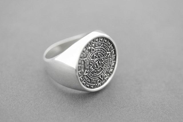 Mayan Calendar Signet Ring - 925 Sterling Silver Zodiac Jewelry for Men & Women - Perfect for Gifts, Spiritual Healing & Astrology Enthusiasts