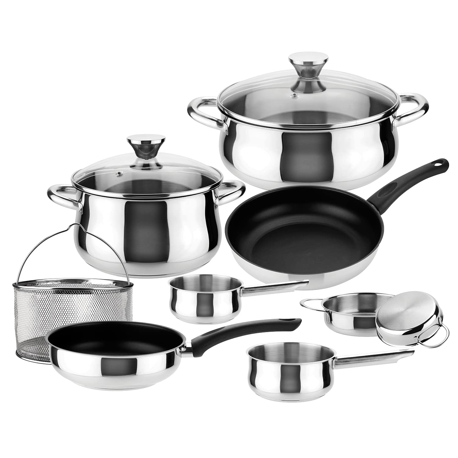 MAGEFESA IDEAL 11-Piece Stainless Steel Cookware Set - 2 Stock Pots, 2 Saucepans, 2 Mini Sauté Pans, 2 Frying Pans with Mesh Strainer - Induction Compatible & Dishwasher Safe - Perfect for Home Cooking, Professional Chefs & Restaurant Use