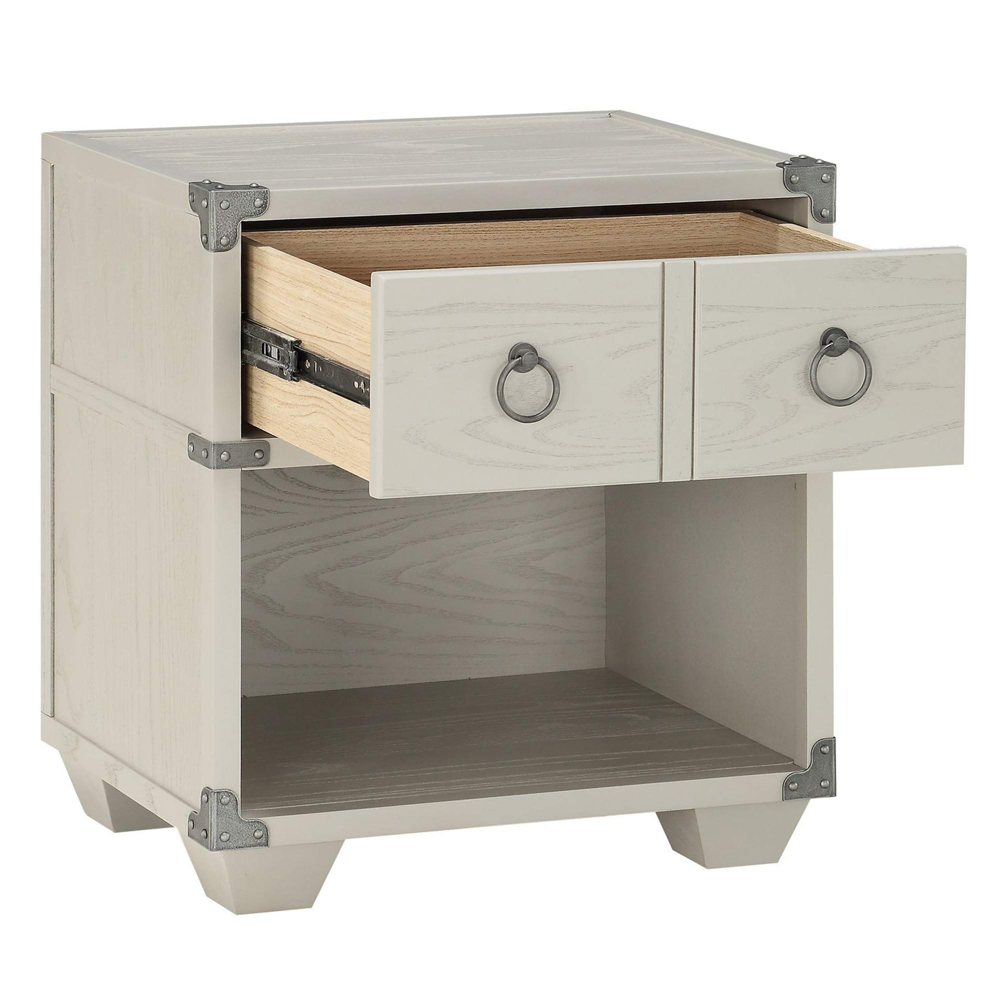 Benjara 2-Drawer Wooden Nightstand with Metal Ring Pulls, Gray - Stylish Bedside Table for Bedroom, Living Room, or Office Storage