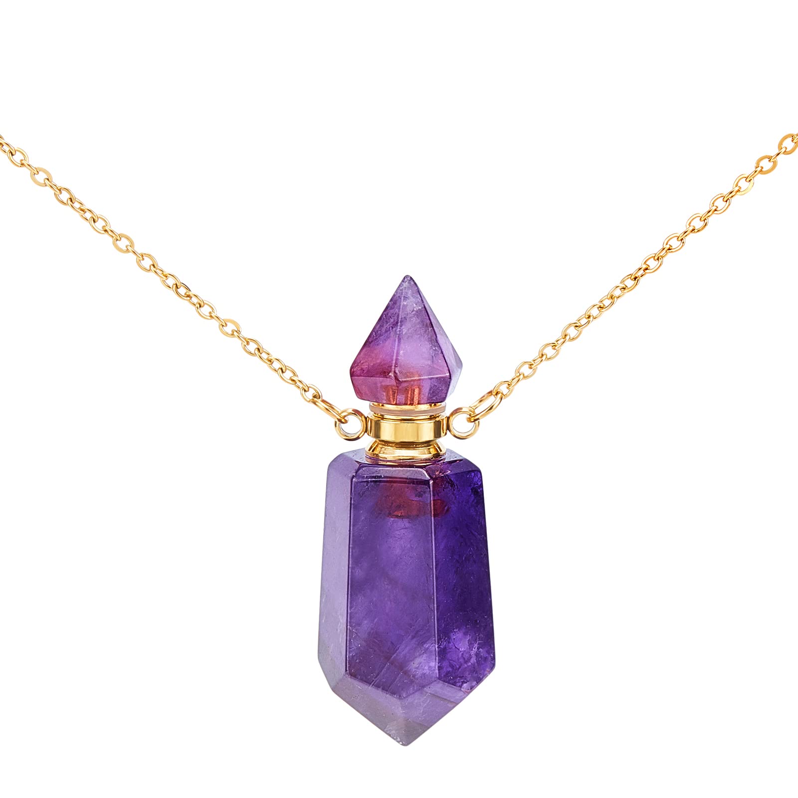 Natural Amethyst Stone Essential Oil Diffuser Pendant Necklace - 19.29 Inch Gold Chain Perfume Bottle Jewelry for Women | Aromatherapy, Spiritual Healing & Unique Gift Idea