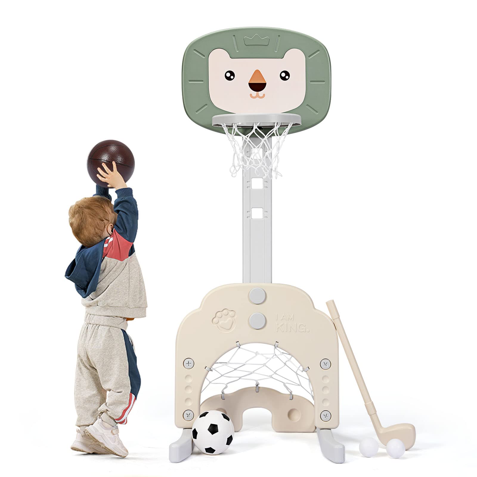 **AKUSTIK 3-in-1 Adjustable Height Toddler Basketball Hoop Stand with Soccer & Golf Games – Portable Indoor/Outdoor Sports Playset for Kids Ages 1-3 – Perfect for Backyard, Playroom & Birthday Gifts**