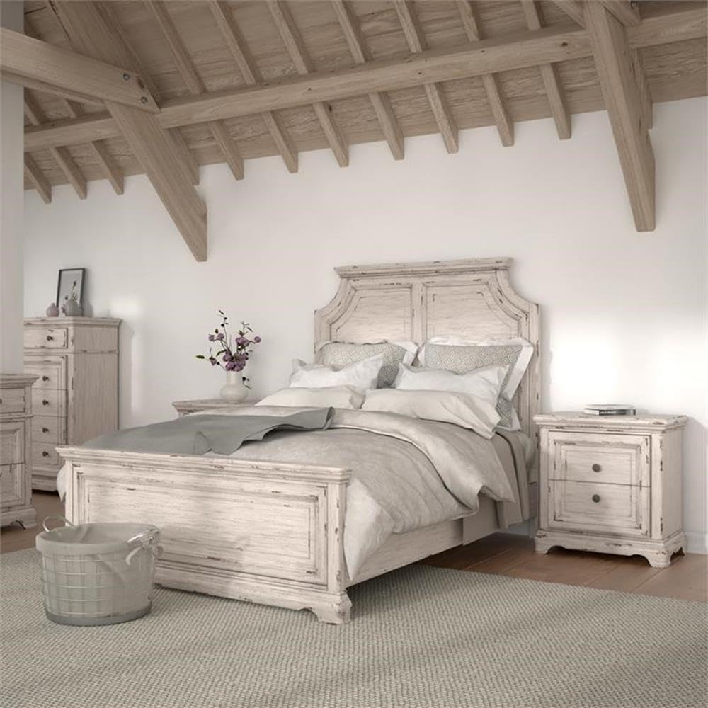 American Woodcrafters Providence Antique White Wood King Panel Bed Frame - Solid Wood Bedroom Furniture for Master Suite & Guest Room Decor