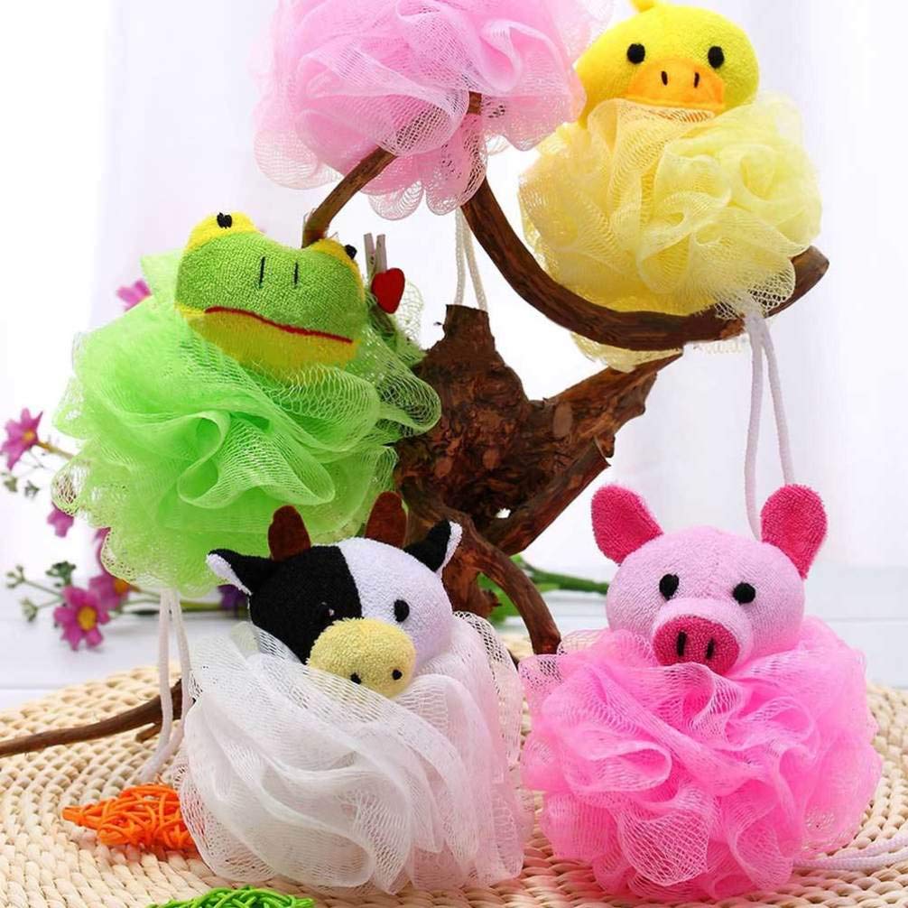 NUOBESTY 4-Pack Cartoon Animal Loofah Bath Sponges - Exfoliating Shower Puff Body Scrubber with Soft Fiber Mesh for Smooth Skin (Random Colors) - Perfect for Kids Bath Time & Gentle Skin Exfoliation