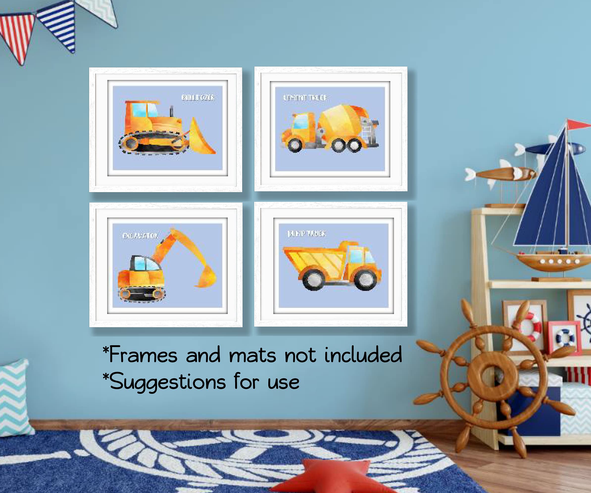 Construction Trucks Art Prints for Boys Room - Set of 4 (8x10 Inch) Unframed Wall Decor - Perfect for Nursery, Kids Bedroom & Playroom