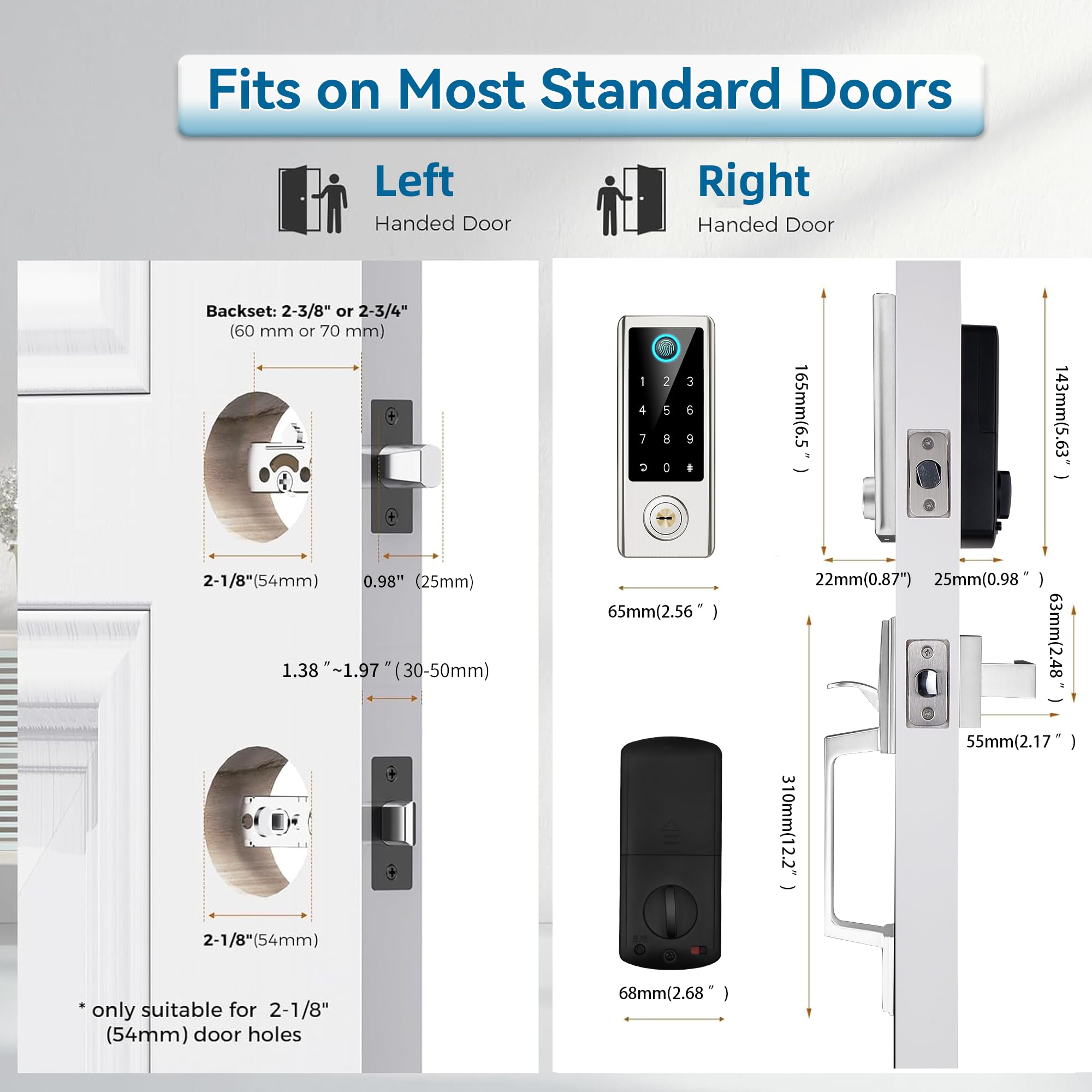 BEBASIA Smart Fingerprint Door Lock with Keyless Entry - Bluetooth Electronic Keypad Deadbolt with Handle in Satin Nickel - Perfect for Home, Office & Airbnb Security (Front Door Smart Lock Set)