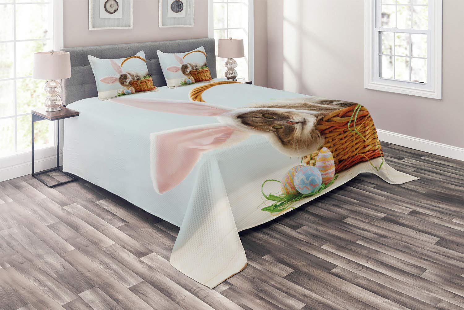 Ambesonne Easter Bunny Bedspread Set - 3 Piece King Size Quilted Coverlet with 2 Pillow Shams, Fluffy Cat with Pink Rabbit Ears in Easter Basket Design, Multicolor Spring Home Decor | Perfect for Easter Decorations, Bedroom Makeover & Seasonal Home Styling